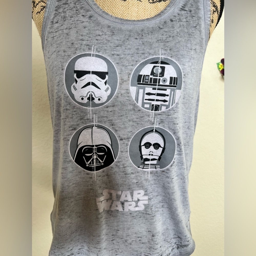 Star Wars Distressed Look Grey Tank Top with Darth Vader, R2-D2, C-3PO Size L - Picture 7 of 13